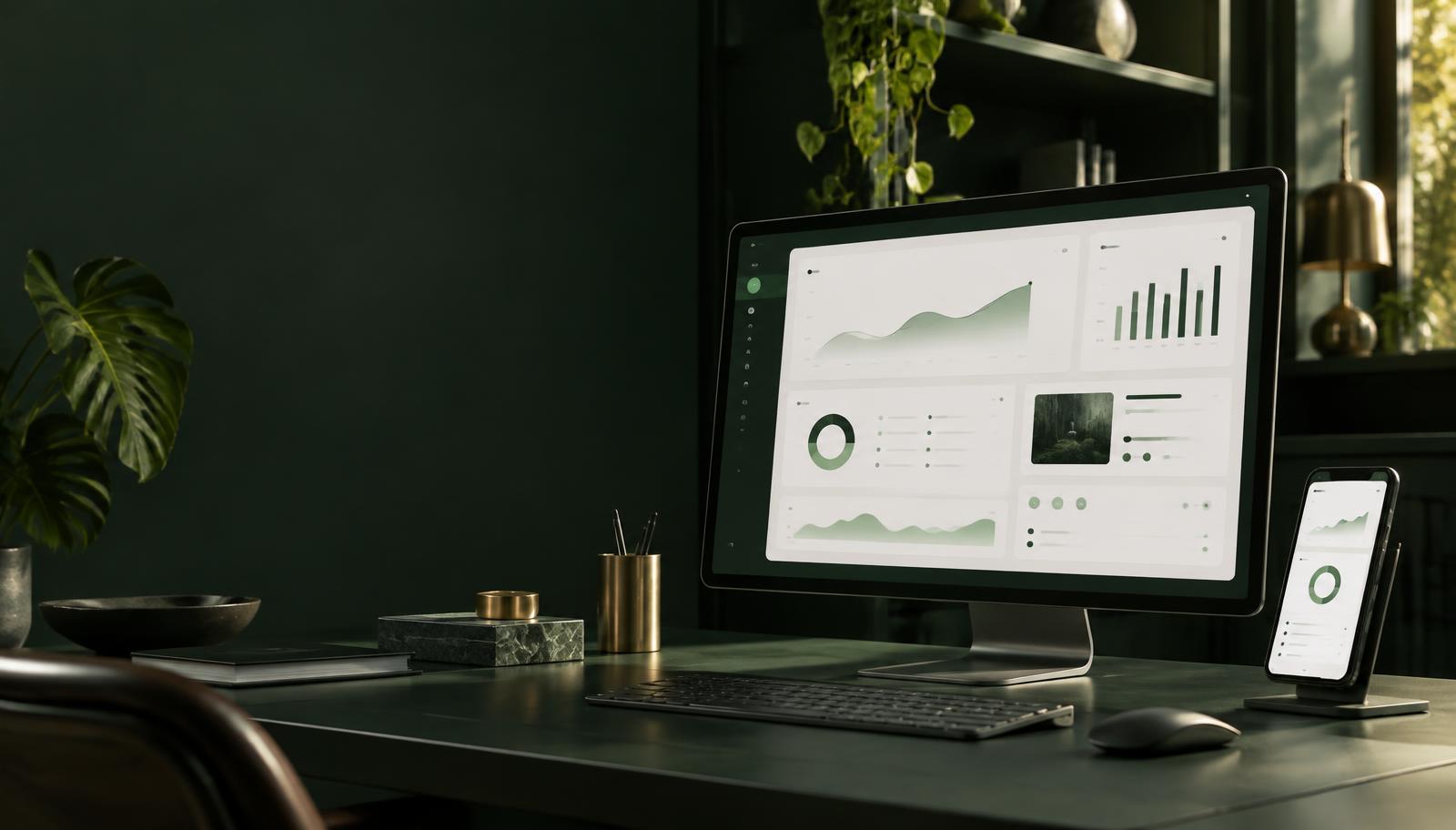 Digital dashboard on a desktop and phone in a design studio